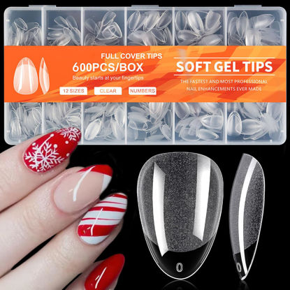 Picture of AddFavor 600pcs Short Almond Nail Tips, Soft Gel X Nail Tips Almond Short Clear Fake Nails Full Cover Acrylic Nail Tips for Extension Nail Manicure Salon Home DIY