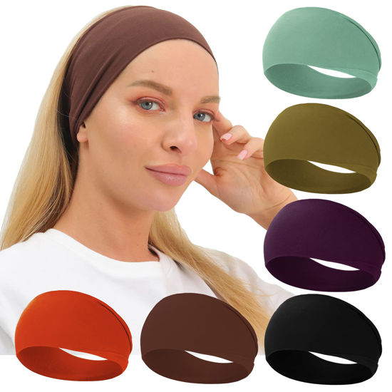 Picture of RITOPER Women's Extra Soft Wide Thick Yoga Headbands, Non Slip Sweat Bands, 6 Pack Solid Hair Bands, Black, Tennis, Yoga, Running