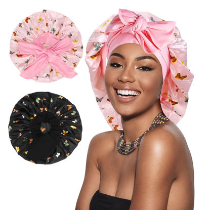 Picture of Arqumi Pack of 2 Satin Sleeping Bonnet, Large Satin Sleep Bonnet, Long Strap, Adjustable Sleep Cap Hair Bonnet with Butterfly Pattern, Black+Pink