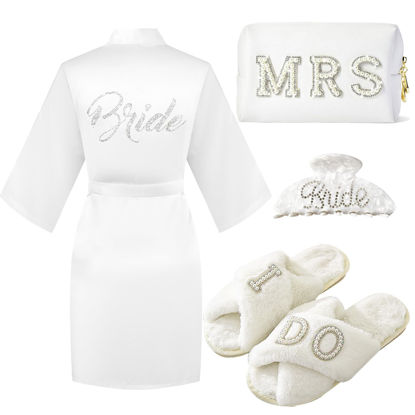 Picture of Tkifoda Bride to Be Gift Set, I Do Bride Slippers Bride Robe Wedding Robe Bride Hair Claw Hair Clip Bride Makeup Bag MRS Cosmetic Bag Bride Gift, Bridal Shower Gift, Wedding Gift, Engagement Gift