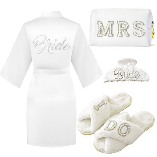 Picture of Tkifoda Bride to Be Gift Set, I Do Bride Slippers Bride Robe Wedding Robe Bride Hair Claw Hair Clip Bride Makeup Bag MRS Cosmetic Bag Bride Gift, Bridal Shower Gift, Wedding Gift, Engagement Gift