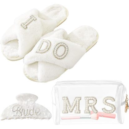 Picture of Bride To Be Gift Set Includes I Do Bride Slippers Clear Mrs Makeup Bag Bride Cosmetic Bag Clear Makeup Pouch Toiletry Bag Bride Hair Claw Wedding Gifts Bridal Shower Gift Mrs Gift