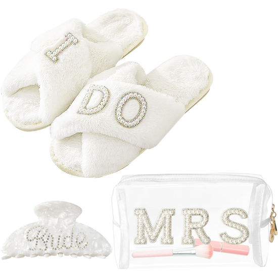 Picture of Bride To Be Gift Set Includes I Do Bride Slippers Clear Mrs Makeup Bag Bride Cosmetic Bag Clear Makeup Pouch Toiletry Bag Bride Hair Claw Wedding Gifts Bridal Shower Gift Mrs Gift