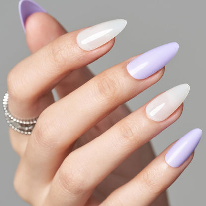 Picture of GLAMERMAID Press on Nail Medium Almond, Winter Purple and White Gel Glue on Nail, 24Pcs Glossy Short Stiletto Reusable UV Finish Fake Nails Acrylic False Nails Manicure Kits for Women
