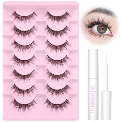 Picture of wiwoseo Wispy Lashes Natural Look Eyelashes with Glue Short Lashes Anime Eyelashes Cat Eye Lashes Kit Strip Lashes Extension C Curl False Eyelashes 7 Pairs Natural Eyelashes