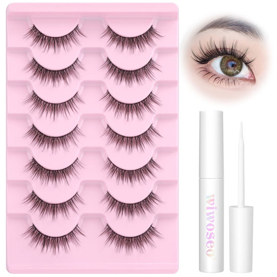 Picture of wiwoseo Wispy Lashes Natural Look Eyelashes with Glue Short Lashes Anime Eyelashes Cat Eye Lashes Kit Strip Lashes Extension C Curl False Eyelashes 7 Pairs Natural Eyelashes