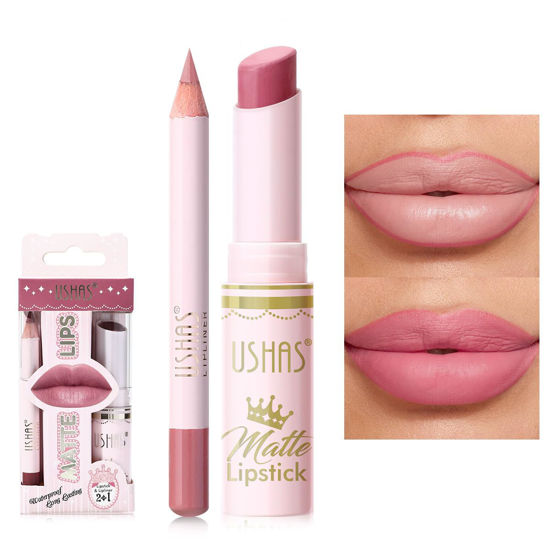 Picture of USHAS Lipstick and Lip Liner Combo Set 2 in 1 Waterproof Lipstick for Women Lip liner Set Long Lasting Lipstick, Matte Lipstick Pen with Lip Liner Set Makeup Kits (S11, Pack of 1)