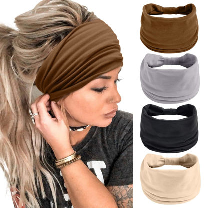 Picture of Wide Headbands for Women Black Stylish Head Wraps Boho Thick Hairbands Large African Sport Yoga Turban Headband Hair Accessories (Pack of 4)