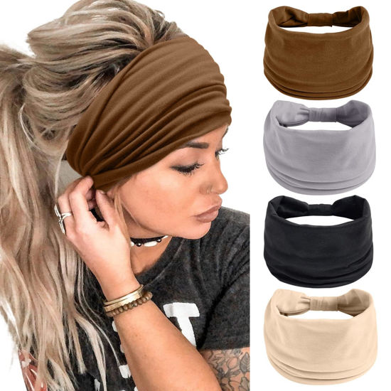 Picture of Wide Headbands for Women Black Stylish Head Wraps Boho Thick Hairbands Large African Sport Yoga Turban Headband Hair Accessories (Pack of 4)