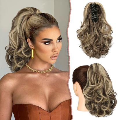 Picture of SOFEIYAN Ponytail Extension 11 inch Claw Clip Ponytail Hair Extensions Long Curly Wavy Ponytail Fluffy Clip on Pony Tails Synthetic Hairpiece for Women，Ash Brown Highlighted Bleach Blonde