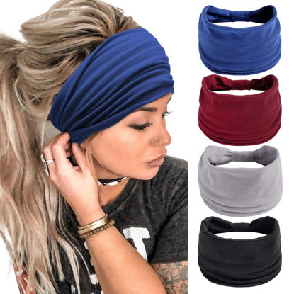 Picture of Wide Headbands for Women Black Stylish Head Wraps Boho Thick Hairbands Large African Sport Yoga Turban Headband Hair Accessories (Pack of 4)