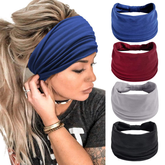 Picture of Wide Headbands for Women Black Stylish Head Wraps Boho Thick Hairbands Large African Sport Yoga Turban Headband Hair Accessories (Pack of 4)
