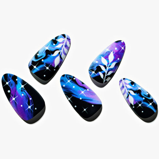 Picture of GLAMERMAID Fall Ombre Press on Nails Medium Almond, Halloween Matte Black Purple Gothic Fake Nails Short, Acrylic False Nail with Galaxy Design, Stiletto Dull Nail Kit for Women Nail Set
