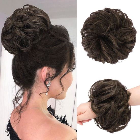 Picture of FESHFEN Messy Hair Bun Hair Pieces Wavy Curly Large Hair Bun Scrunchies Extensions Synthetic Chignon Hairpieces for Women Girls, Chocolate Brown with Dark Brown 1.94oz