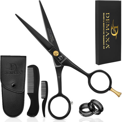 Picture of DEMAXA 5" Professional Beard Mustache Scissors with 1 Mustache Comb, 1 Beard Comb & Soft Pouch - Prefect Beard Trimming Scissors for All Facial Hair Scissors - Grooming Scissors Men (Black)