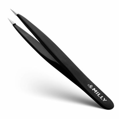 Picture of By MILLY Pointed Tweezers | High Carbon Stainless Steel Needle Nose Tweezers | Fine Point Tweezers Precision Hair Removal | Perfectly Aligned & Hand-Filed Sharp Tweezers | Black