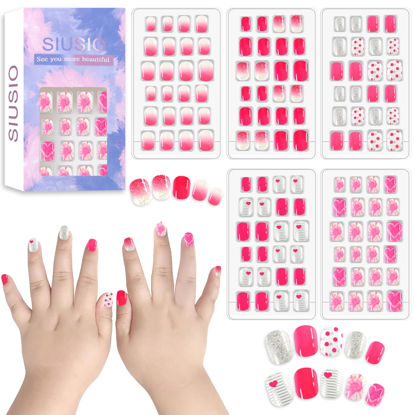 Picture of SIUSIO 120Pcs 5 Pack Press on Nails kids Children Acrylic Fake Nails Cute Pre-glue Full Cover Gradient Color Rainbow Short Stick On False Nail Art Kits Set for Kids Little Girls - Pink Love