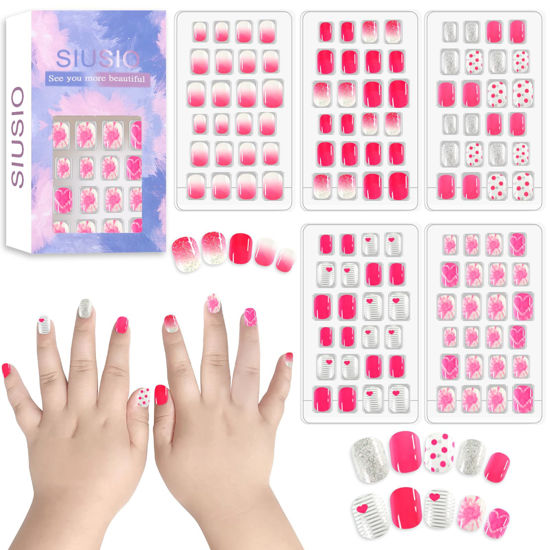 Picture of SIUSIO 120Pcs 5 Pack Press on Nails kids Children Acrylic Fake Nails Cute Pre-glue Full Cover Gradient Color Rainbow Short Stick On False Nail Art Kits Set for Kids Little Girls - Pink Love