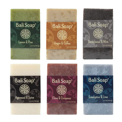 Picture of Bali Soap - Masculine Collection Natural Soap Bar Gift Set, 6 pc Variety Pack, Lemon-Pine, Ginger-Coffee, Sandalwood-Mint, Agarwood-Spice, Clove-Cinnamon, Eucalyptus-Lime 3.5 Oz each