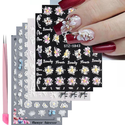 Picture of VOTACOS 6 Sheets White Flower Nail Art Stickers Decals 5D Embossed Nail Decals Spring Winter Nail Art Design Self-Adhesive Nail Supplies Accessories 3D Flower Nail Stickers for Women Nail Decoration
