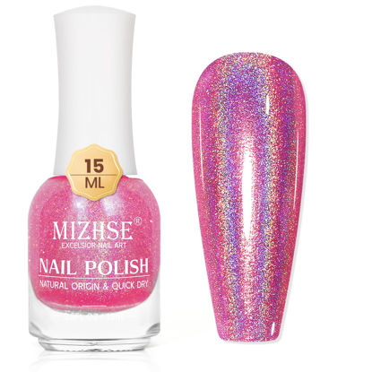 Picture of MIZHSE Holographic Nail Polish, Pink Glitter Nail Polish Air Dry Fast, 15 ml High Glossy Shimmer Nail Pigment Oil-based Laser Iridescent Nail Polish Chrome Halo Nail Art Salon Manicure Home
