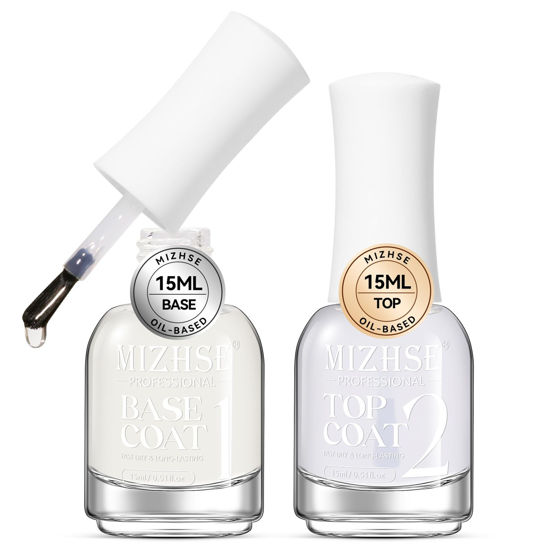 Picture of MIZHSE Base and Top Coat Nail Polish Quick Dry, 15 ml 0.5 fl oz Basic Nail Polish Non Gel, Air Dry Fast Nail Polish Protective High-Glossy Shiny Clear Long Lasting Nail Art Manicure at Home
