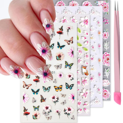 Picture of VOTACOS Pink Flower Nail Art Stickers Decals 5D Embossed Nail Decals Spring Summer Nail Art Design Self-Adhesive Nail Supplies Accessories 3D Flower Nail Stickers for Women Nail DIY Decoration