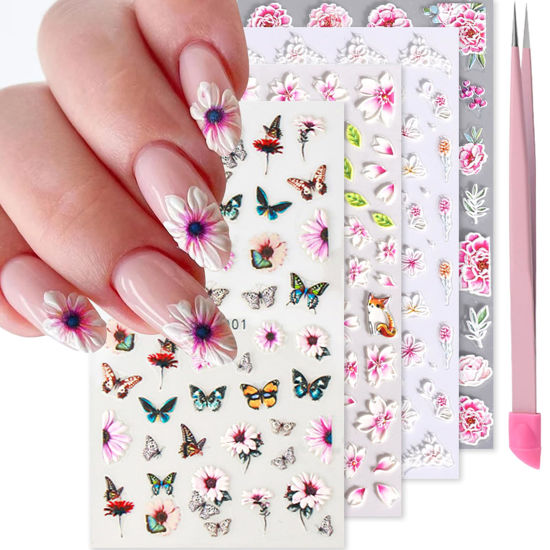 Picture of VOTACOS Pink Flower Nail Art Stickers Decals 5D Embossed Nail Decals Spring Summer Nail Art Design Self-Adhesive Nail Supplies Accessories 3D Flower Nail Stickers for Women Nail DIY Decoration