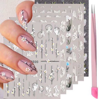 Picture of VOTACOS Flower Nail Stickers for Nail Art 5D Embossed Engraved Nail Decals 3D Spring Summer Nail Supplies Accessories White Blue Self-Adhesive Nail DIY Design Decoration for Women Girls（6 Sheets