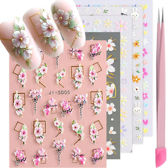 Picture of VOTACOS Flower Nail Art Stickers Decals 5D Embossed Nail Decals 6 Sheets Spring Summer Self-Adhesive Nail Supplies Accessories 3D Flowers Nail Stickers for Women Nail Design Decoration