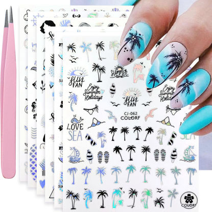 Picture of VOTACOS Summer Nail Stickers for Nail Art 6 Sheets Shell Nail Decals 3D Nail Design Self-Adhesive Nail Supplies Accessories Palm Tree Jellyfish Mermaid Nail Stickers for Women Nail Decoration