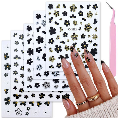 Picture of VOTACOS 5 Sheets 5D Flower Nail Art Stickers Embossed Nail Decals Black Nail Art Design 3D Self-Adhesive Black Gold Silver Nail Art Supplies for Women Nail DIY Decoration