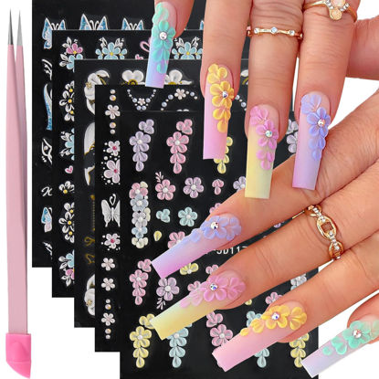 Picture of VOTACOS 5 Sheets 5D Flower Nail Art Stickers Embossed Nail Decals Spring Summer Nail Art Design 3D Self-Adhesive Nail Supplies White Yellow Blue Colorful Flower Nail Stickers for Women Nail Decoration