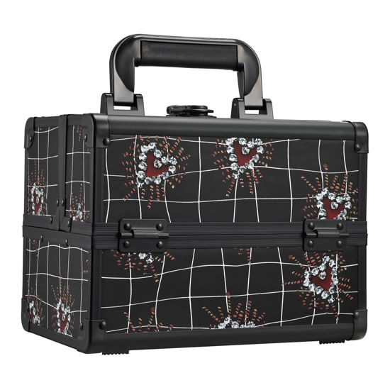 Picture of Joligrace Makeup Train Case Portable Makeup Case Organizer 2 Trays Cosmetic Box Storage with Mirror for Cosmetologist Supplies Nail Tech Traveling Makeup Travel Box Punk Love Hearts