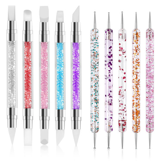 Picture of 10PCS Nail Art Gel Carving Pen Acrylic Nail Dotting Pen Rhinestone Handle Double-Ended Silicone Nail Art Pen Brushes for Design Nail Foil Carving Drawing 3D Effect Shaping Drawing Dotting Tool