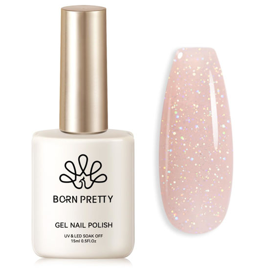 Picture of Born Pretty Jelly Gel Nail Polish Jelly Glitter Nude Pink Gel Polish Holographic Shimmer Nude Pink Natural Translucent Soak Off Hema-Free Gel Polish Nail Art DIY 15ML