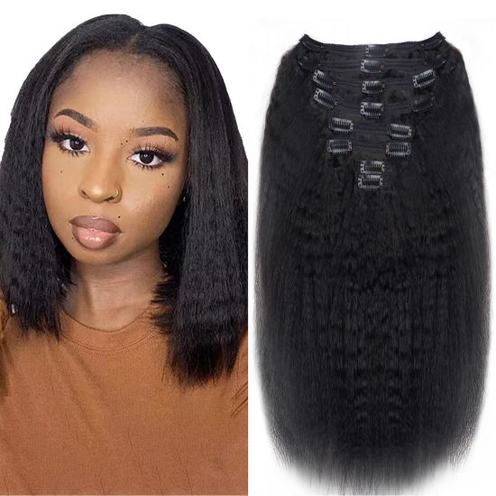 Picture of Kinky Straight Clip in Hair Extensions Real Human Hair Clip ins Natural Black Double Weft Clip ins for Women 12 Inch 120g 8pcs Kinky Straight Clip on Extensions Human Hair