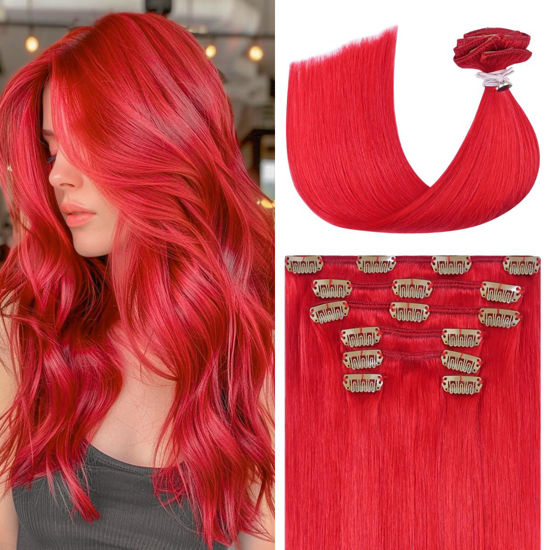 Picture of UGOTRAYS Red Hair Extensions Real Human, Hair Clip in Hair Extensions 70g 7pcs 15 inch,Soft & Natural Straight Double Weft Remy Hair for Women #Red Hair Extensions