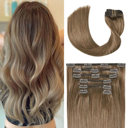 Picture of Clip in Hair Extensions Real Human Hair 70G Ash Brown Remy Human Hair Clip in Extensions 20 Inch Soft Silky Straight for Full Head 7pcs 16clips One Pack (20 Inch #8)