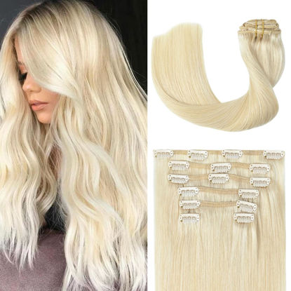 Picture of UGOTRAYS Clip in Hair Extensions Real Human Hair Blonde - 16 inch 120g 7pcs Platinum Blonde 100% Remy Human Hair Clip in Extensions Straight Real Human Hair #60 Platinum Blonde Hair Extensions