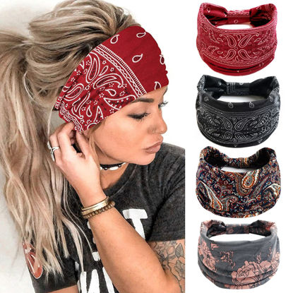 Picture of Wide Headbands for Women Black Stylish Head Wraps Boho Bandeau Thick Hairbands Large No Slip African Sport Yoga Workout Turban Headband Hair Accessories (Pack of 4)