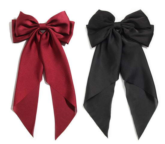 Picture of SUSULU Women's Satin Silk Bow Hair Accessories - Metal Clips with Long Tail Ribbon Hairpins and Ponytail Barrettes (2pcs, Burgundy Black)