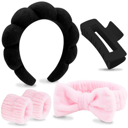 Picture of VELSCRUN 5 Pcs Black Pink Puffy Sponge Spa Headband Bow Tie Hair Band Hair Clips Wristband Set, Spa Headbands for Wash Face, Makeup Headband, Facial Skincare Headbands Women Girls Hair Accessories