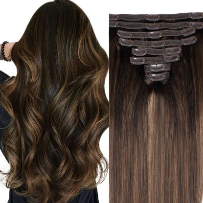 Picture of Pobokix #2/6/2 Clip In Hair Extensions Real Human Hair Straight 8Pcs Clip In Balayage Dark Brown to Chestnut Brown Human Hair Extensions with 18Clips Lace Weft 120g 18inch