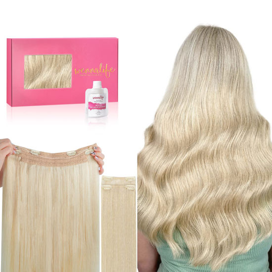 Picture of WENNALIFE Wire Hair Extensions (Increase 50% Lifespan) Real Human Hair 14 inch 105g Bleach Blonde Remy Real Hair Extensions Invisible Wire Hair Extensions Human Hair Natural Fish Line Straight Hair
