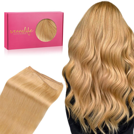 Picture of WENNALIFE Sew in Hair Extensions Real Human Hair, 14 Inch 80g Strawberry Blonde Machine Weft Hair Extensions Human Hair Hand Tied Weft Hair Extensions Sew In