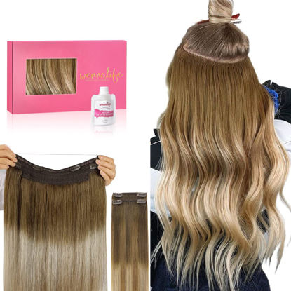 Picture of WENNALIFE Wire Hair Extensions (Increase 50% Lifespan) Real Human Hair 16 inch 125g Ombre Walnut Brown to Ash Brown Bleach Blonde Remy Real Hair Extensions Invisible Wire Human Hair Extensions
