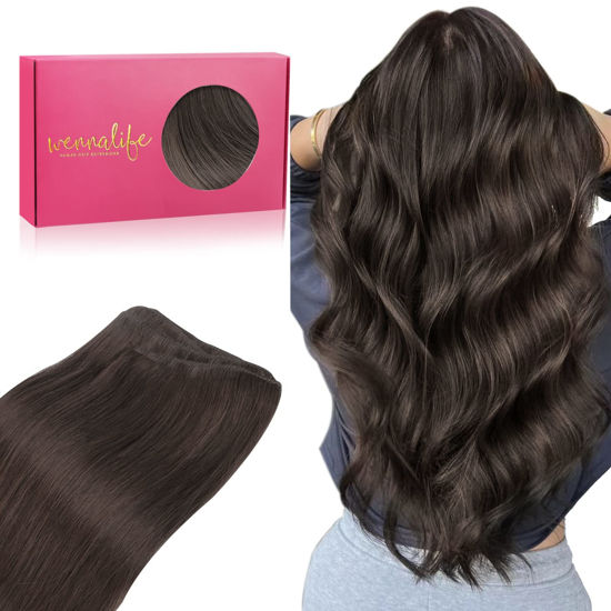 Picture of WENNALIFE Sew in Hair Extensions Real Human Hair, 20 Inch 100g Dark Brown Machine Weft Hair Extensions Human Hair Hand Tied Weft Hair Extensions Sew In