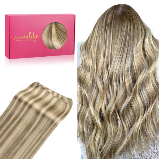 Picture of WENNALIFE Sew in Hair Extensions Real Human Hair, 16 Inch 80g Ash Brown Highlighted Golden Blonde Machine Weft Hair Extensions Human Hair Hand Tied Weft Hair Extensions Sew In