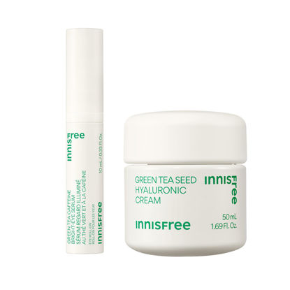 Picture of innisfree Green Tea Depuff + Hydrate Duo, Green Tea Caffeine Eye Serum + Green Tea Hyaluronic Cream, Korean Skincare with Eye Roll On and Cream for Hydrated, Glowing Skin